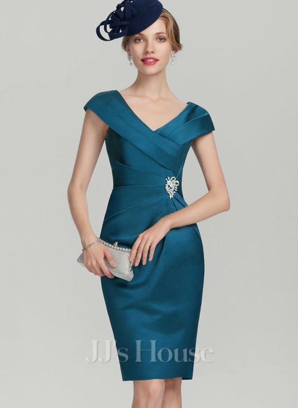 Mother of the Bride Dresses | Sheath/Column V-Neck Knee-Length Satin Mother of the Bride Dress With Crystal Brooch Pleated Ink Blue – Womens