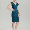 Mother of the Bride Dresses | Sheath/Column V-Neck Knee-Length Satin Mother of the Bride Dress With Crystal Brooch Pleated Ink Blue – Womens