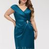 Mother of the Bride Dresses | Sheath/Column V-Neck Knee-Length Satin Mother of the Bride Dress With Crystal Brooch Pleated Ink Blue – Womens