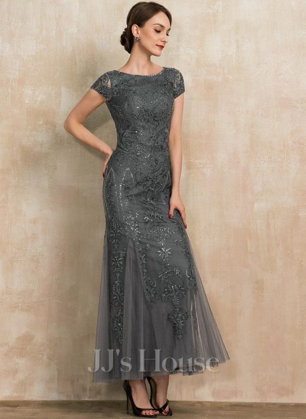 Mother of the Bride Dresses | Trumpet/Mermaid Scoop Ankle-Length Lace Tulle Mother of the Bride Dress With Sequins Beading Steel Grey – Womens