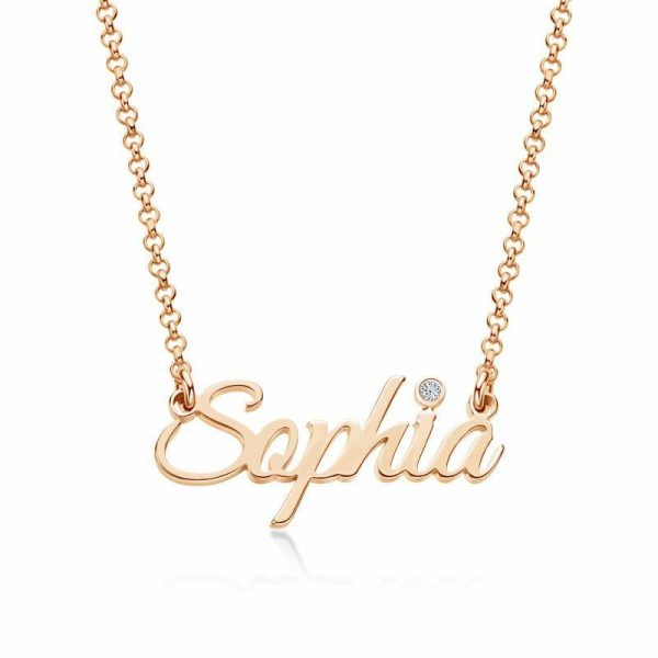 Name Necklaces | Custom 18k Rose Gold Plated Letter Name Necklace With Birthstone – Birthday Gifts Rose Gold – Womens