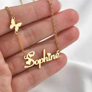 Personalized Jewelry | Custom 18k Gold Plated Butterfly Name Necklace Christmas Gifts Gold – Womens