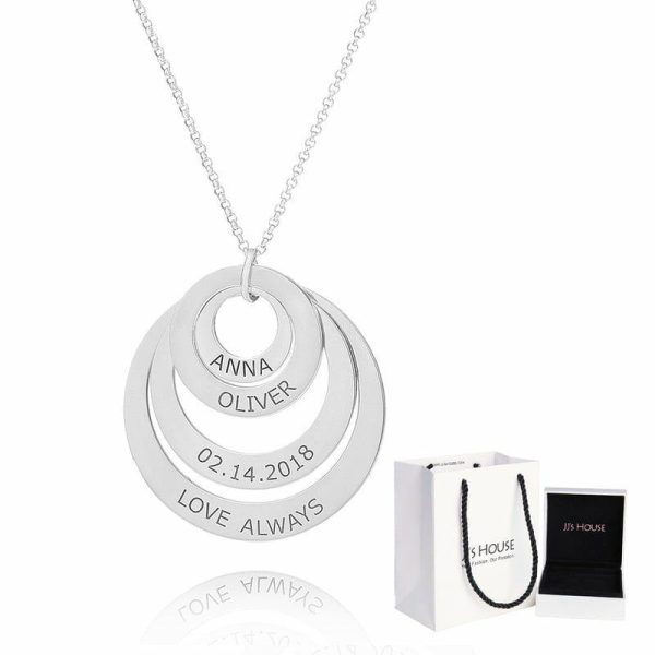 Personalized Jewelry | Custom Silver Circle Family Four Engraved Necklace Birthday Gifts Silver – Womens