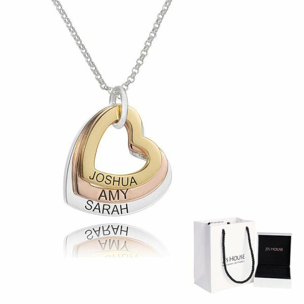 Personalized Jewelry | Custom Sterling Silver Family Heart Three Engraved Necklace Birthday Gifts Silver – Womens