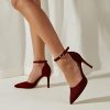 Pumps | Women’s Ankle Strap Heels Party Prom Evening Elegant Suede High Heel Point Toe Solid Color Buckle Shoes Burgundy – Womens