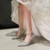 Pumps | Women’s Ankle Strap Heels Wedding Party Evening Elegant PU Leather High Heel Point Toe Pearl Solid Color Buckle Shoes Silver – Womens