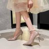 Pumps | Women’s Ankle Strap Heels Wedding Party Evening Elegant PU Leather High Heel Point Toe Pearl Solid Color Buckle Shoes Silver – Womens