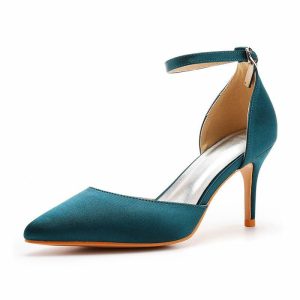 Pumps | Women’s Ankle Strap Heels Work Party Prom Evening Elegant Office Satin High Heel Point Toe Closed Toe Buckle Shoes Green – Womens