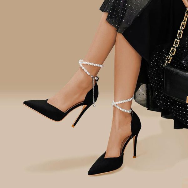 Pumps | Women’s Heels Elegant Chain Pearl Point Toe High Heel Party Evening Shoes Black – Womens