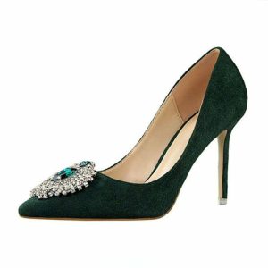 Pumps | Women’s Heels Party Elegant Suede Stiletto Heel High Heel Point Toe Crystal Rhinestone Slip On Shoes Green – Womens