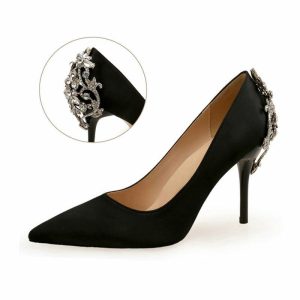 Pumps | Women’s Heels Work Party Evening Elegant Sexy Vintage Satin High Heel Decorative Heel Point Toe Rhinestone Slip On Shoes Black – Womens