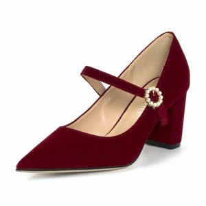 Pumps | Women’s Mary Jane Party Vintage Simple Suede Block Heel Point Toe Rhinestone Solid Color Buckle Shoes Burgundy – Womens