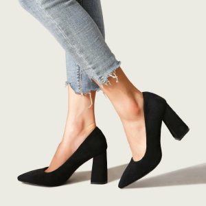 Pumps | Women’s Pumps Work Office Suede Block Heel Point Toe Slip On Shoes Black – Womens