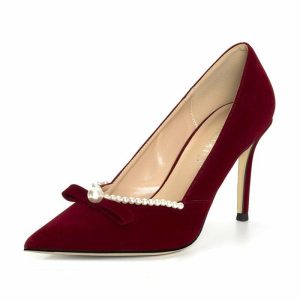 Pumps | Women’s Work Party Evening Elegant Office Suede High Heel Point Toe Bowknot Pearl Solid Color Slip On Shoes Burgundy – Womens