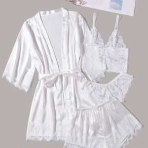 Robes | Sexy Bride Robes Lace Polyester Lingerie Set Robes White – Womens