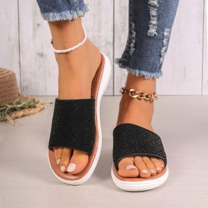 Sandals | Women’s Sandals Beach Daily Casual PU Leather Slippers Flat Heel Open Toe Rhinestone Summer Slip On Shoes Black – Womens