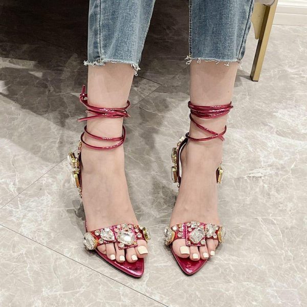 Sandals | Women’s Sandals Cocktail Evening Party Sexy PU Leather Lace Up Sandals High Heel Open Toe Rhinestone Summer Lace-Up Shoes Fuchsia – Womens