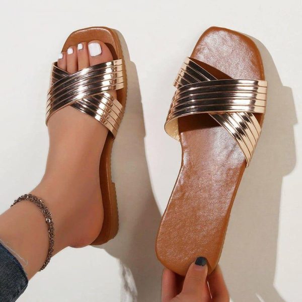 Sandals | Women’s Sandals Daily Beach Casual Leather Slippers Flat Heel Open Toe Striped Summer Slip On Shoes Gold – Womens