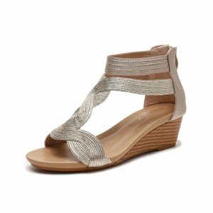 Sandals | Women’s Sandals Daily Boho Vintage PU Leather Wedge Sandals Wedge Heel Open Toe Summer Zipper Shoes Gold – Womens