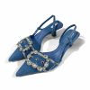 Sandals | Women’s Sandals Daily Casual Denim Slingbacks Flare Heel Point Toe Rhinestone Buckle Summer Slip On Shoes Blue – Womens