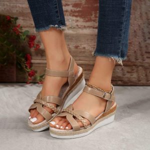 Sandals | Women’s Sandals Daily Casual PU Leather Wedge Sandals Wedge Heel Open Toe Color Block Summer Buckle Shoes Khaki – Womens