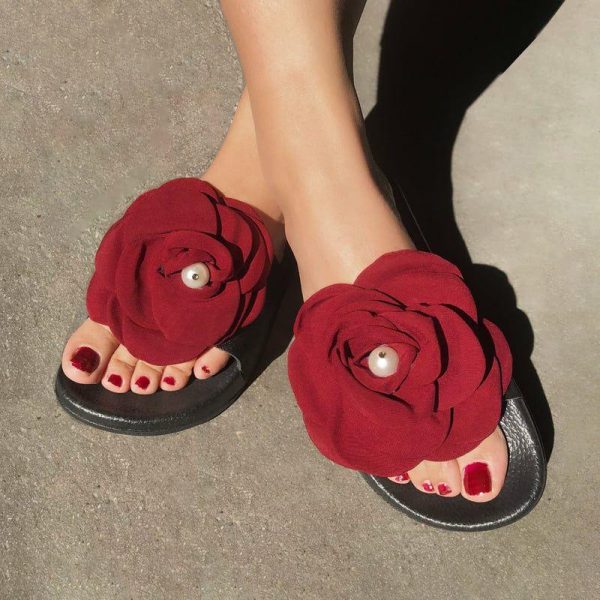 Sandals | Women’s Sandals Outdoor Beach Daily Casual PVC Slippers Flat Heel Open Toe Pearl Flower Summer Slip On Shoes Red – Womens