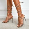 Sandals | Women’s Sandals Party Prom Cocktail Sexy PU Leather Lace Up Sandals Stiletto Heel Open Toe Rhinestone Solid Color Summer Lace-Up Shoes Gold – Womens