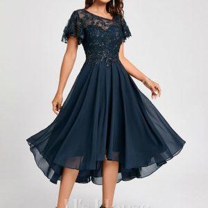 Semi-formal & Cocktail | A-line Asymmetrical Asymmetrical Lace Chiffon Cocktail Dress With Sequins Ruffle Dark Navy – Womens