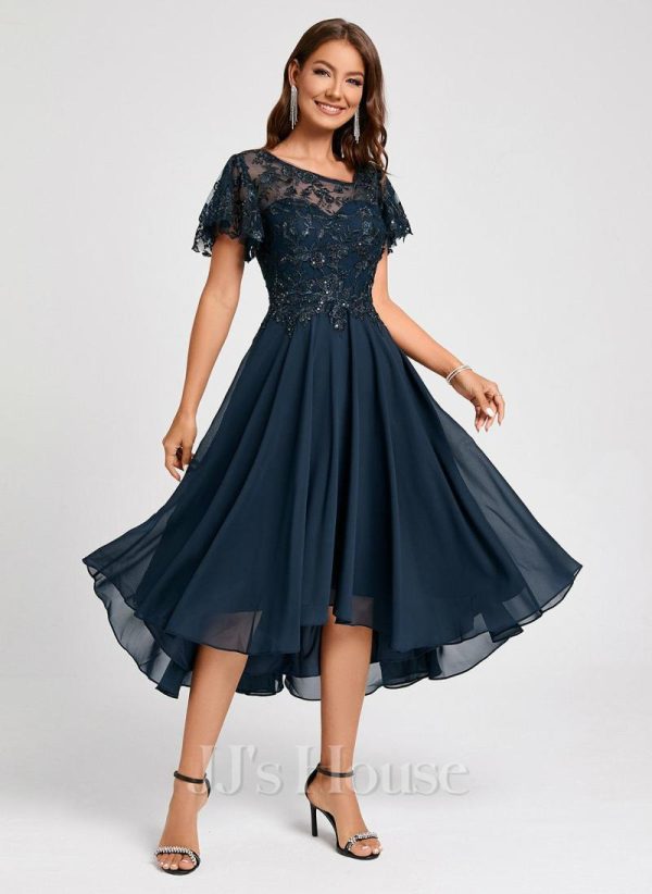 Semi-formal & Cocktail | A-line Asymmetrical Asymmetrical Lace Chiffon Cocktail Dress With Sequins Ruffle Dark Navy – Womens