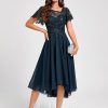 Semi-formal & Cocktail | A-line Asymmetrical Asymmetrical Lace Chiffon Cocktail Dress With Sequins Ruffle Dark Navy – Womens