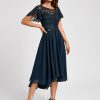 Semi-formal & Cocktail | A-line Asymmetrical Asymmetrical Lace Chiffon Cocktail Dress With Sequins Ruffle Dark Navy – Womens