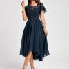 Semi-formal & Cocktail | A-line Asymmetrical Asymmetrical Lace Chiffon Cocktail Dress With Sequins Ruffle Dark Navy – Womens