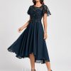 Semi-formal & Cocktail | A-line Asymmetrical Asymmetrical Lace Chiffon Cocktail Dress With Sequins Ruffle Dark Navy – Womens