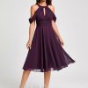 Semi-formal & Cocktail | A-line Cold Shoulder Scoop Knee-Length Chiffon Cocktail Dress With Ruffle Grape – Womens