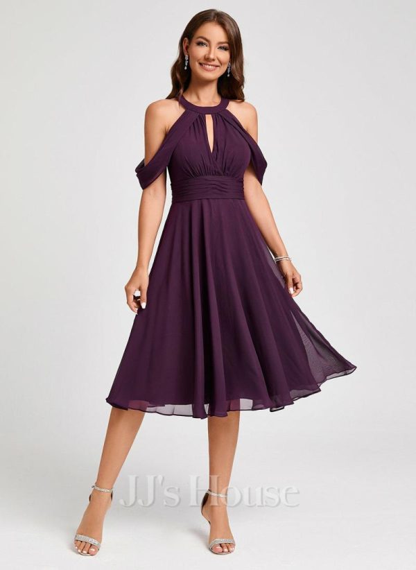 Semi-formal & Cocktail | A-line Cold Shoulder Scoop Knee-Length Chiffon Cocktail Dress With Ruffle Grape – Womens