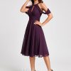 Semi-formal & Cocktail | A-line Cold Shoulder Scoop Knee-Length Chiffon Cocktail Dress With Ruffle Grape – Womens