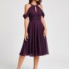 Semi-formal & Cocktail | A-line Cold Shoulder Scoop Knee-Length Chiffon Cocktail Dress With Ruffle Grape – Womens