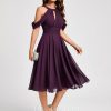 Semi-formal & Cocktail | A-line Cold Shoulder Scoop Knee-Length Chiffon Cocktail Dress With Ruffle Grape – Womens