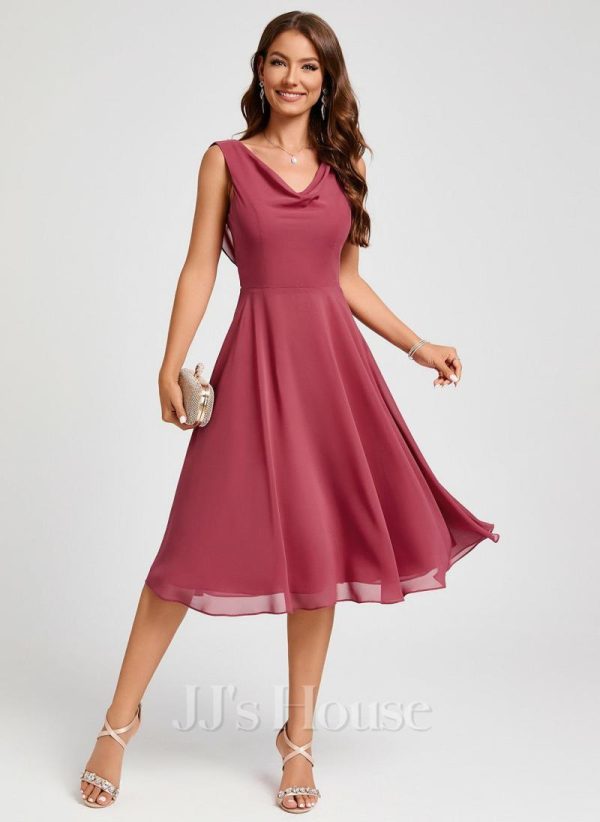 Semi-formal & Cocktail | A-line Cowl Knee-Length Chiffon Cocktail Dress With Ruffle Cinnamon Rose – Womens