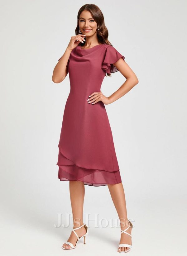 Semi-formal & Cocktail | A-line Cowl Knee-Length Chiffon Cocktail Dress With Ruffle Cinnamon Rose – Womens