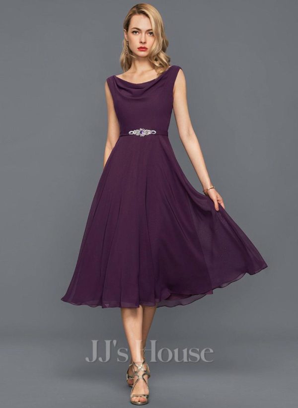 Semi-formal & Cocktail | A-line Cowl Knee-Length Chiffon Cocktail Dress With Sequins Beading Grape – Womens