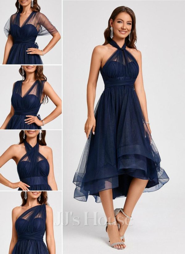 Semi-formal & Cocktail | A-line Halter One Shoulder V-Neck Asymmetrical Tulle Cocktail Dress As Picture – Womens