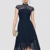 Semi-formal & Cocktail | A-line High Neck Asymmetrical Chiffon Cocktail Dress Dark Navy – Womens