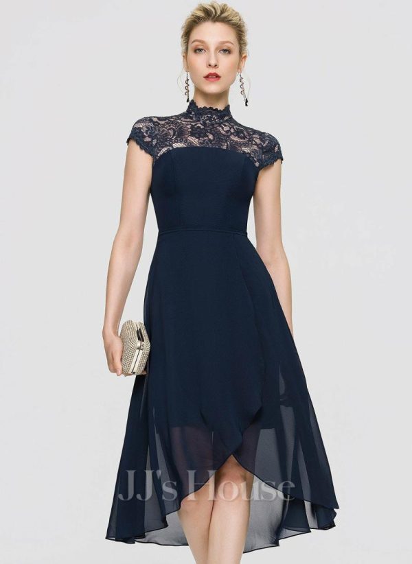 Semi-formal & Cocktail | A-line High Neck Asymmetrical Chiffon Cocktail Dress Dark Navy – Womens