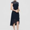 Semi-formal & Cocktail | A-line High Neck Asymmetrical Chiffon Cocktail Dress Dark Navy – Womens