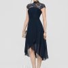 Semi-formal & Cocktail | A-line High Neck Asymmetrical Chiffon Cocktail Dress Dark Navy – Womens