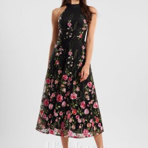 Semi-formal & Cocktail | A-line High Neck Tea-Length Lace Cocktail Dress With Flower Black – Womens