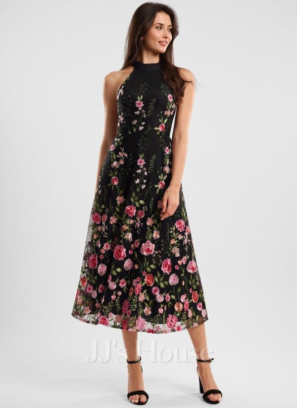 Semi-formal & Cocktail | A-line High Neck Tea-Length Lace Cocktail Dress With Flower Black – Womens