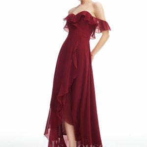 Semi-formal & Cocktail | A-line Off the Shoulder Asymmetrical Chiffon Cocktail Dress With Ruffle Burgundy – Womens