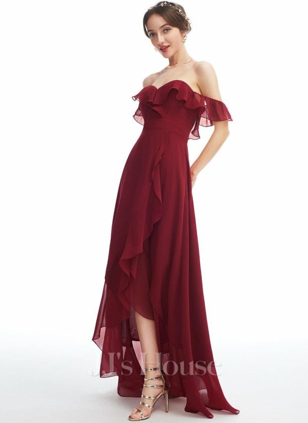 Semi-formal & Cocktail | A-line Off the Shoulder Asymmetrical Chiffon Cocktail Dress With Ruffle Burgundy – Womens